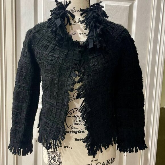 TWEED FRINGE MACROCANNAGE WOOL BLEND CROP JACKET PE DE CHUMBO SIZE SMALL - Picture 2 of 16